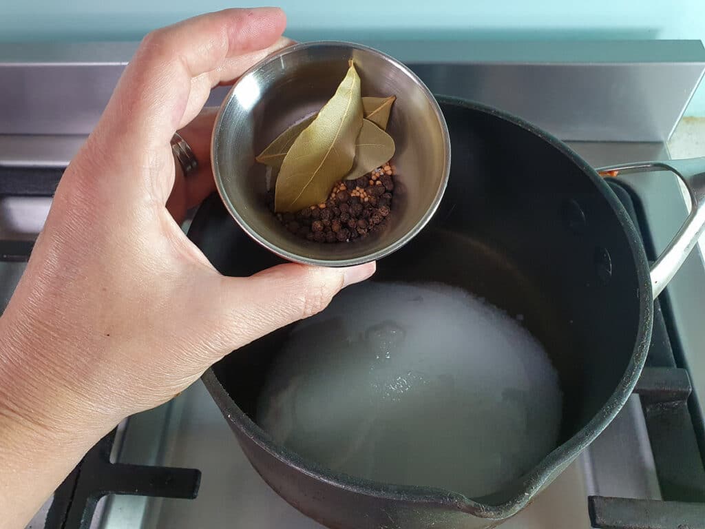 Refrigerator pickled beets 6 Adding spices to pot