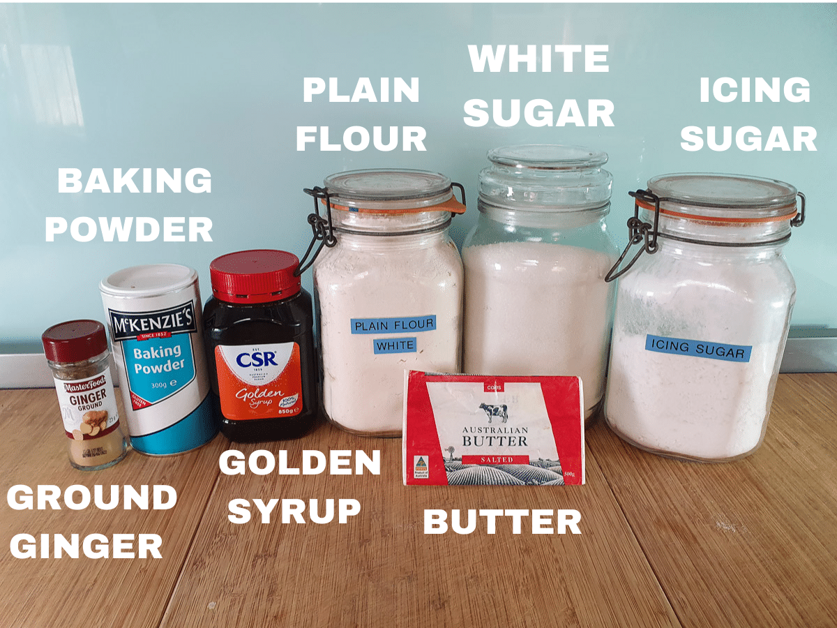 Ginger crunch ingredients, ground ginger, baking powder, golden syrup, plain flour, butter, white sugar, icing sugar.