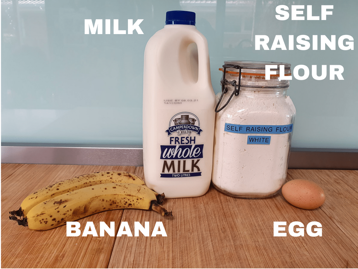 Banana pikelets 2 Banana pikelets ingredients, ripe banana, milk, self raising flour, egg.