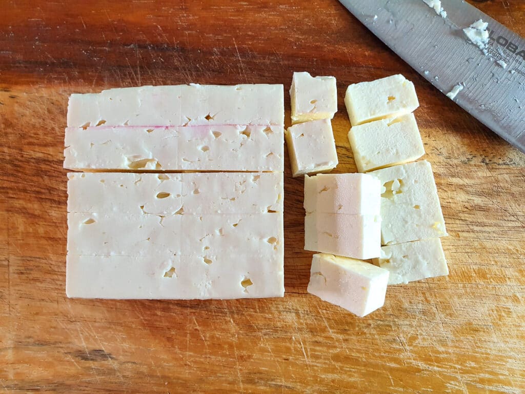 Beetroot salad 6 Cubing fetta cheese.