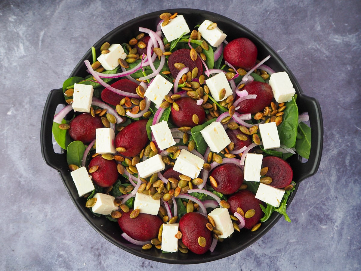 Beetroot salad 12 Salad with roasted pepitas sprinkled over the top.