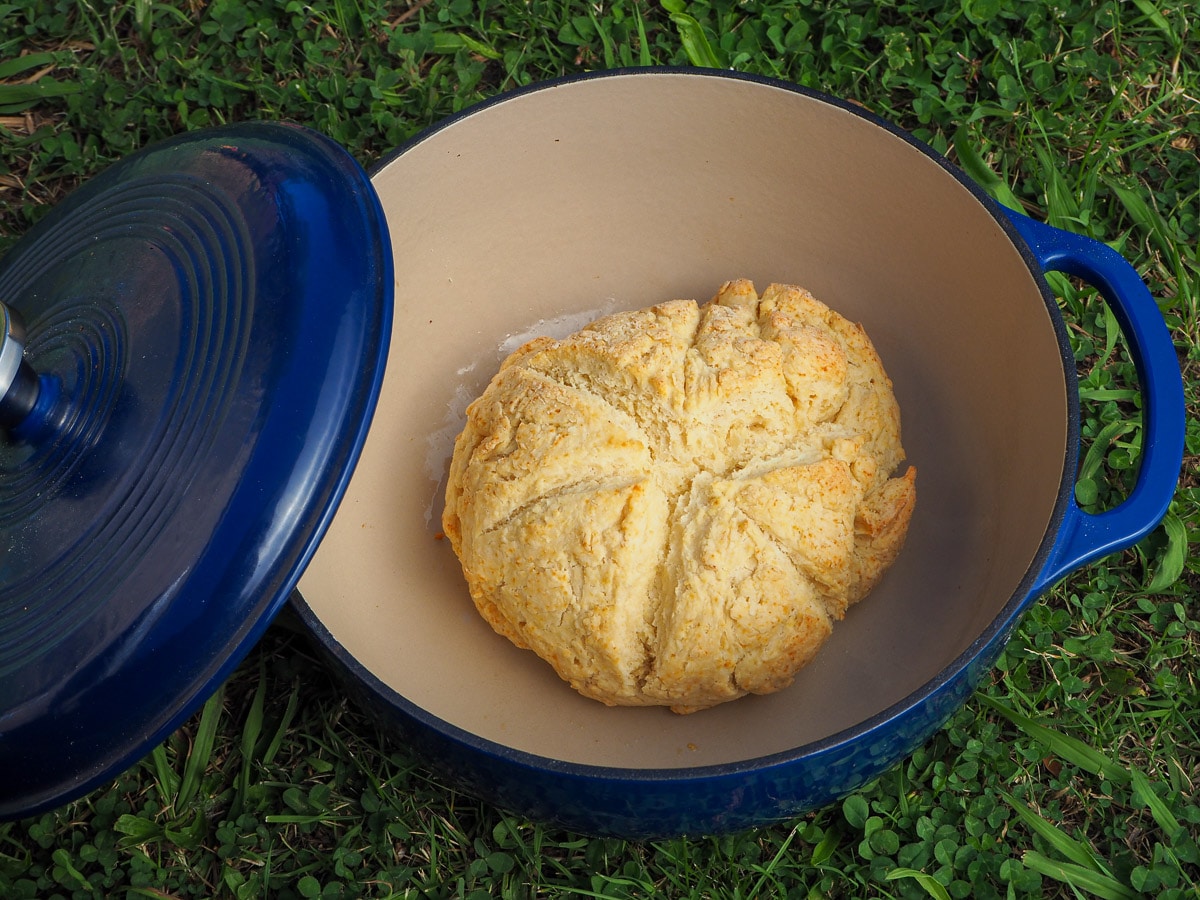 Damper in a Dutch oven on the grass.