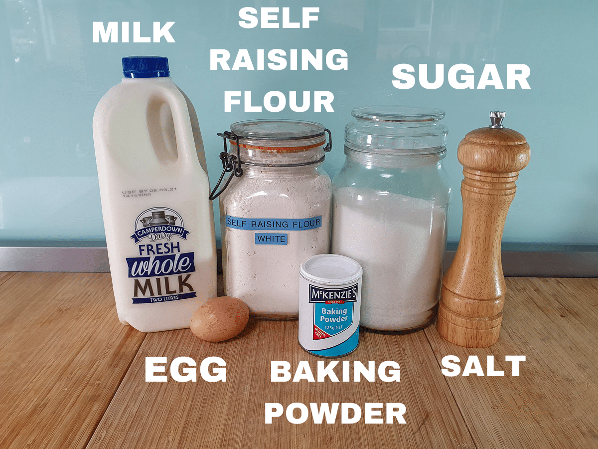 Pikelets 3 Pikelets ingredients, milk, egg, self raising flour, baking powder, sugar, salt.