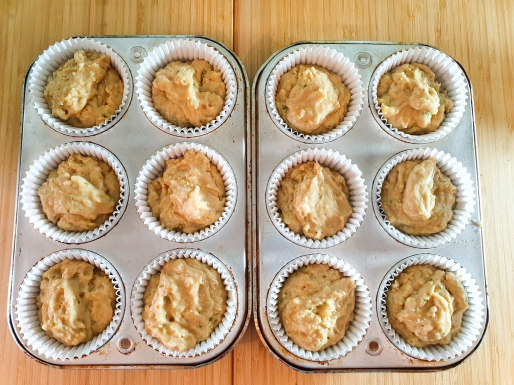 Ready to bake muffin mix in tins.