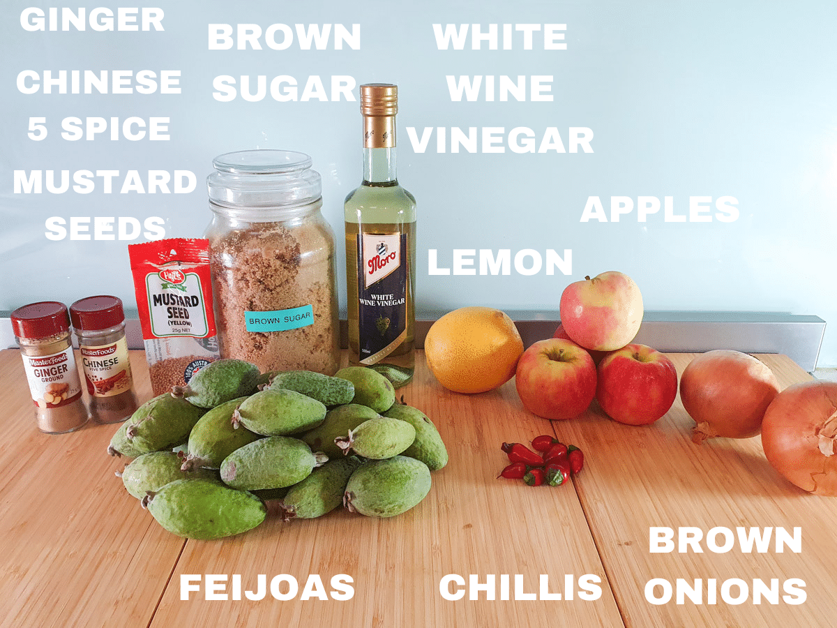 Feijoa chutney 2 Feijoa chutney ingredients, feijoas, ginger, Chinese five spice, mustard seeds, brown sugar, white wine vinegar, lemon, chillis, apples, brown onions.
