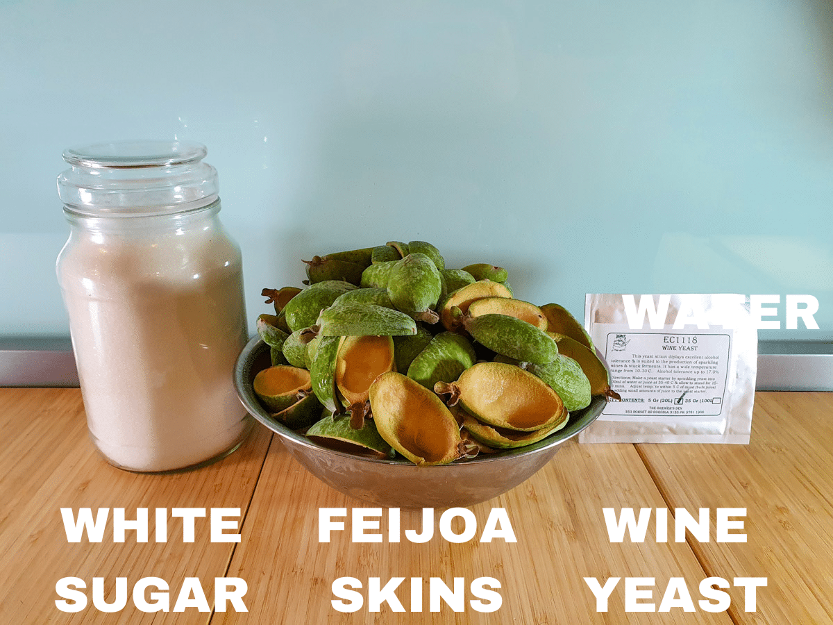 Feijoa fizz ingredients, white sugar, feijoa skins, champagne/wine yeast (optional), water (not pictured).
