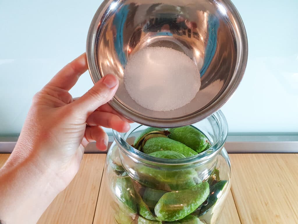 Adding sugar to feijoa skins.