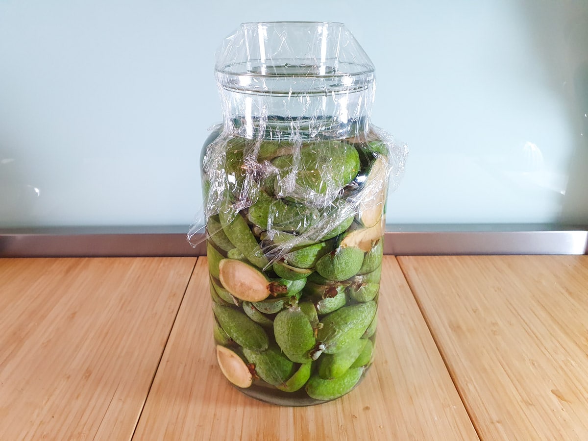 Jar with feijoa skins weighed down by glass and covered with cling film.