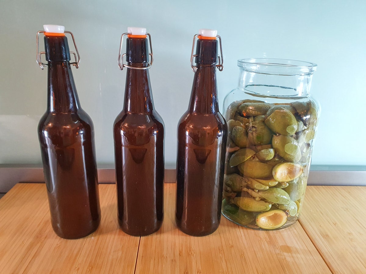 Bottles filled with feijoa juice ready for second brew.