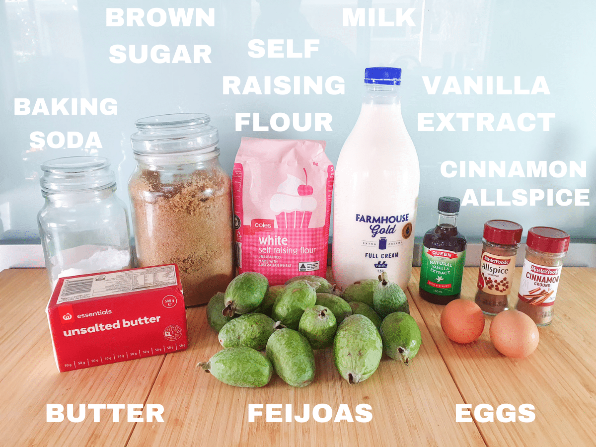 Feijoa loaf ingredients, feijoas, butter, eggs, baking soda, brown sugar, self raising flour, milk, vanilla extract, cinnamon, all spice.