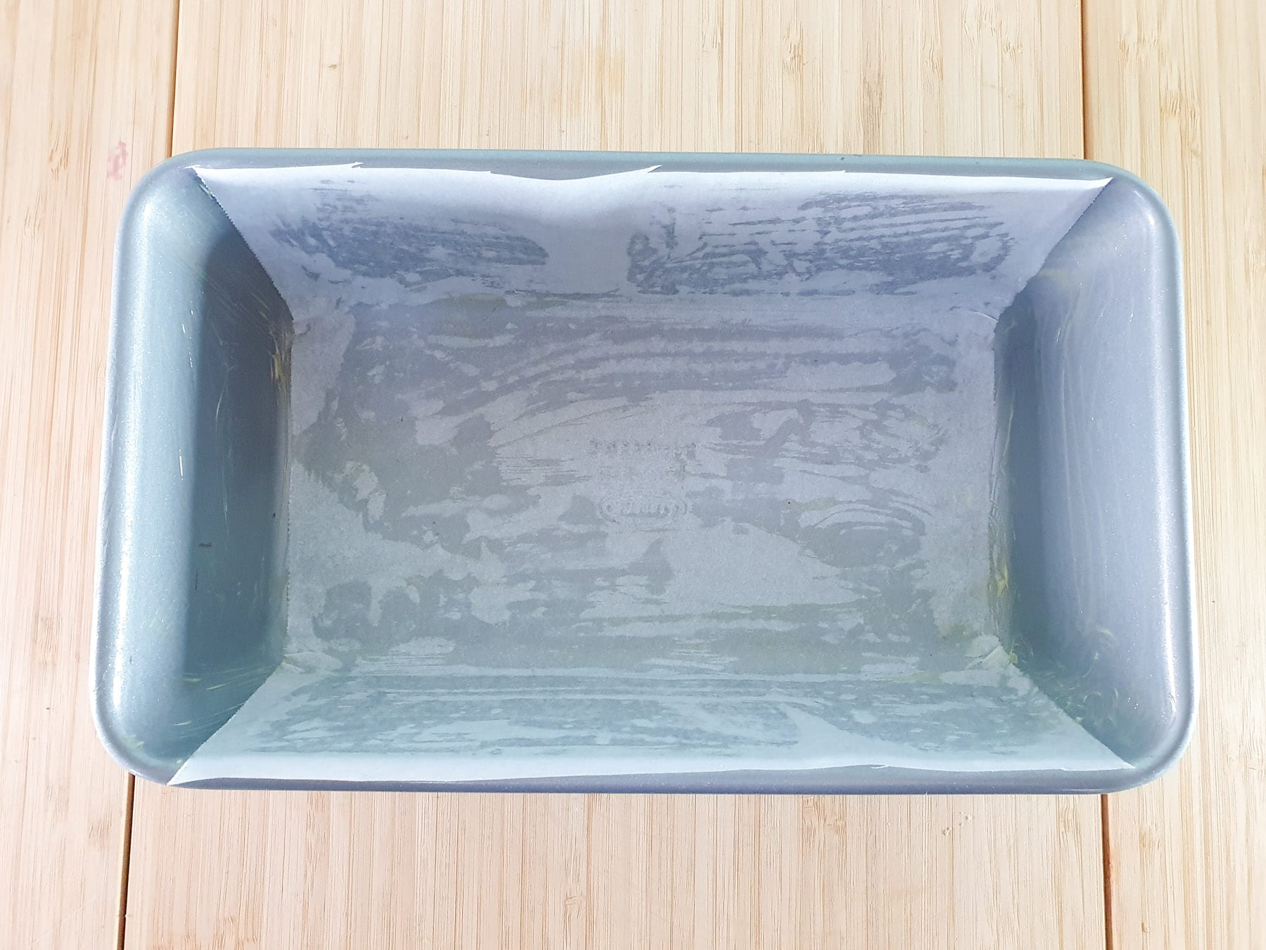 Greased and lined loaf tin.