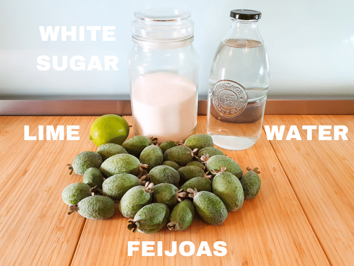 Feijoa syrup ingredients, feijoa skins, lime, white sugar and water.