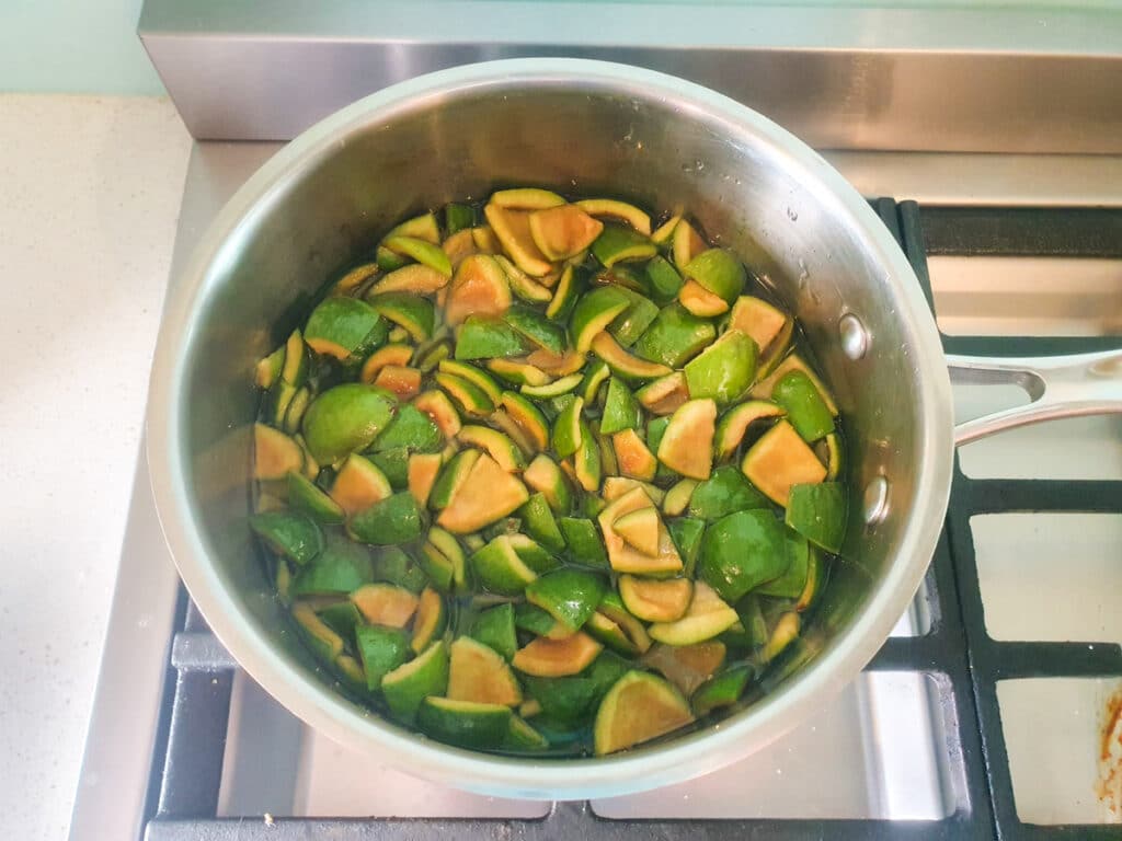 Simmering feijoa skins.