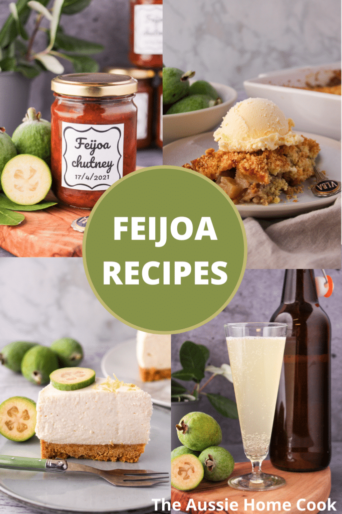 Feijoa chutney, feijoa crumble, feijoa cheesecake and feijoa fizz photos, with text overlay, feijoa recipes and The Aussie Home Cook.