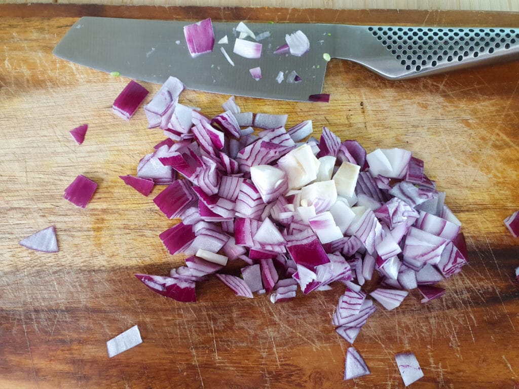 Four Bean Salad 6 Dicing red onion.