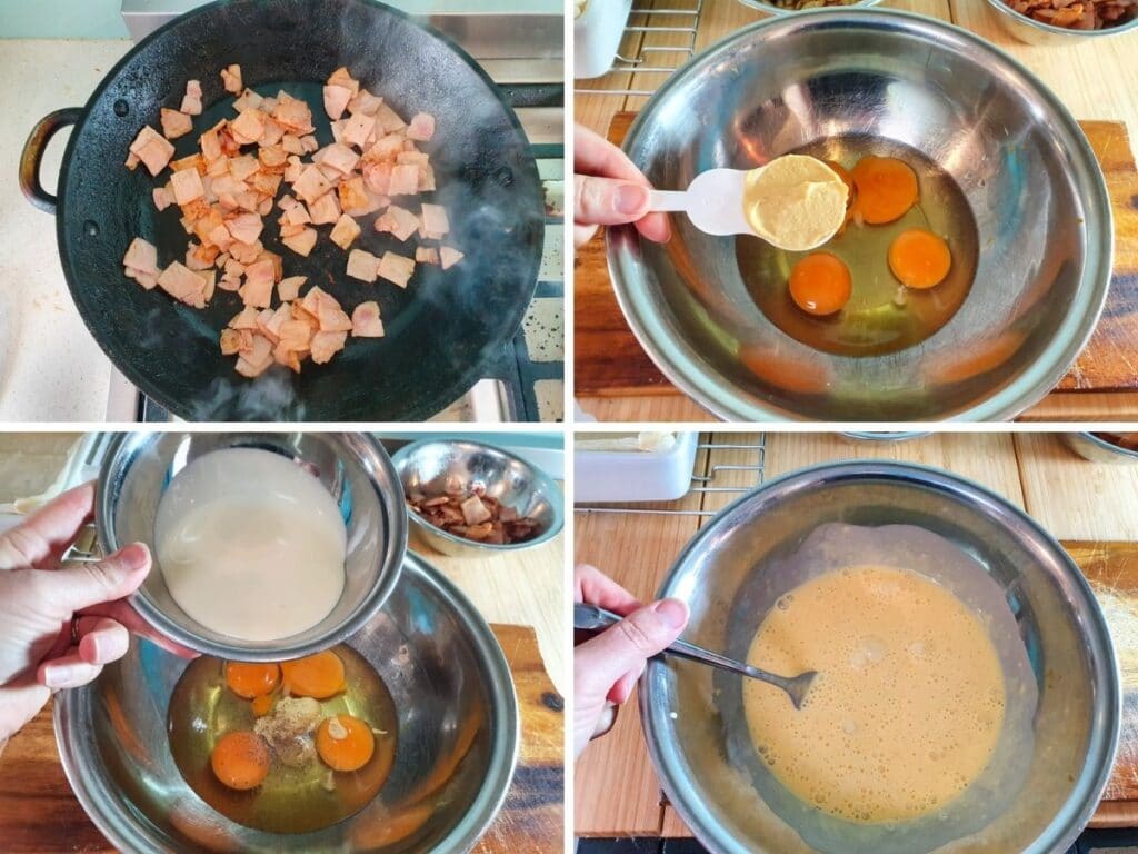 Process shots mk2: frying off chopped bacon and onion, adding mustard and eggs to bowl, adding cream, whisking together.