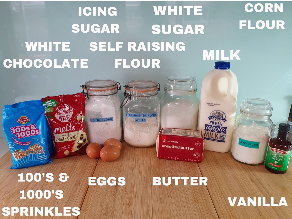 Ingredients: hundreds and thousands rainbow sprinkles, white chocolate melts, icing sugar, eggs, self raising flour, unsalted butter, white sugar, milk, corn flour, vanilla extract.