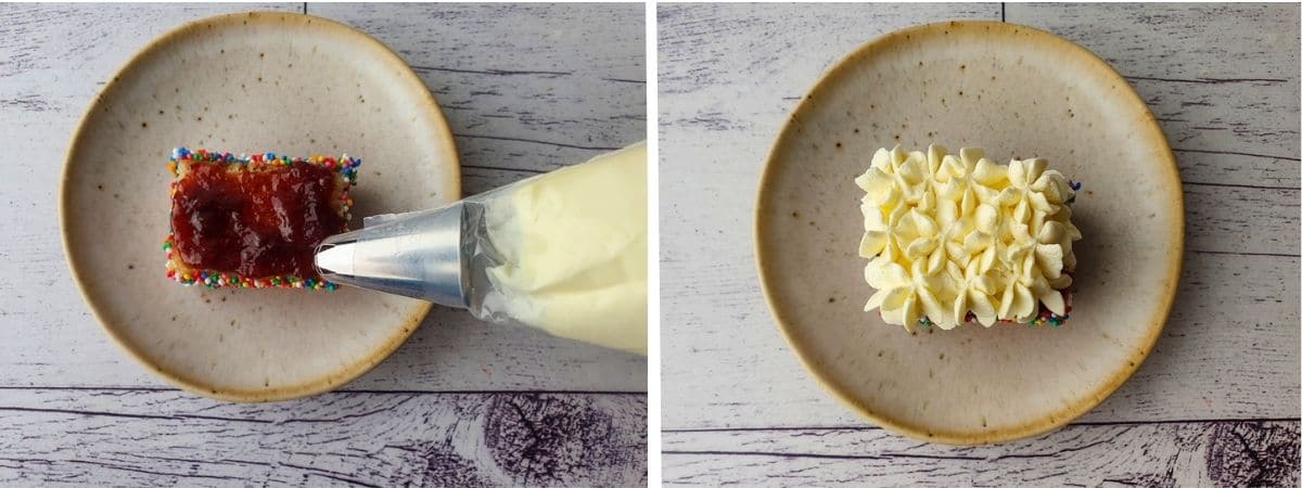 Process shots: spreading jam onto cut open lamington, piping whipped cream on top of cream.