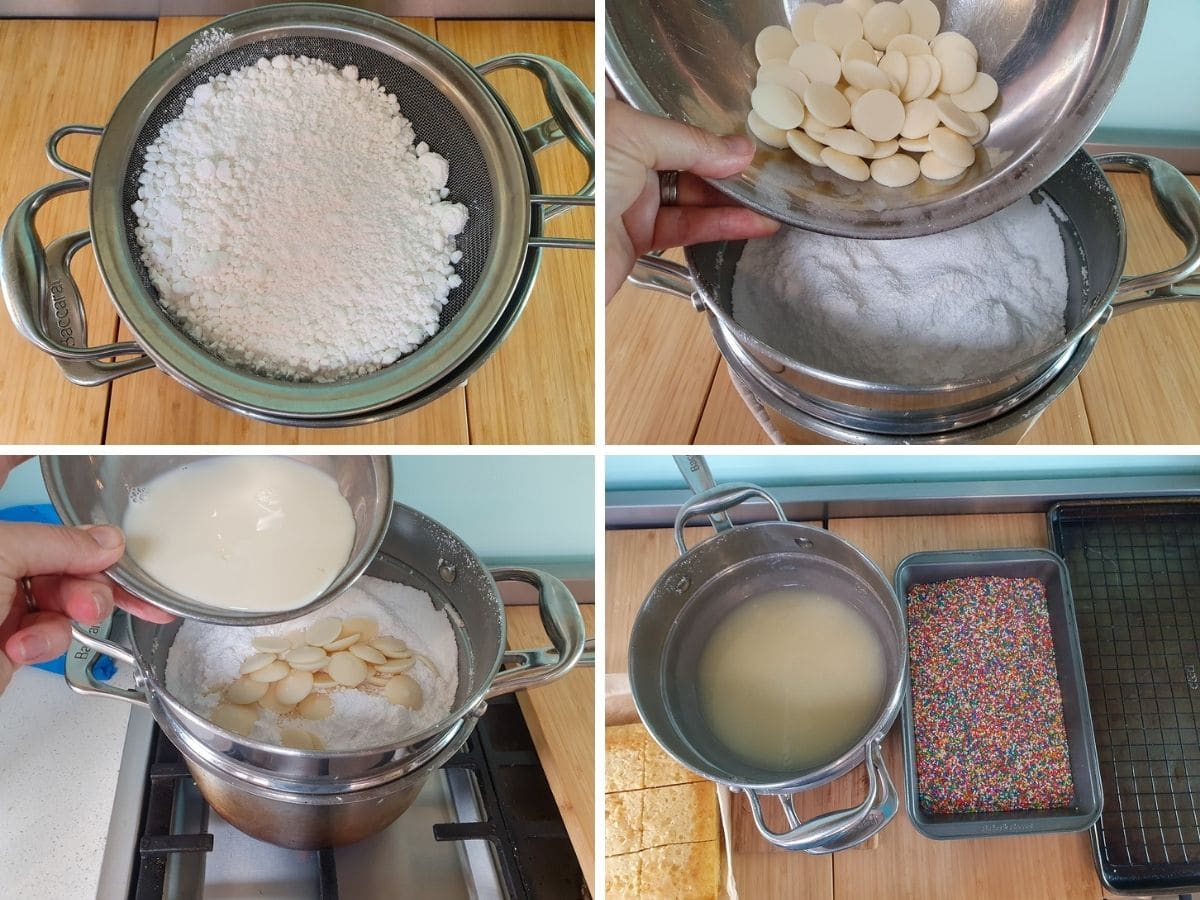 Process shots: sifting the icing sugar, adding chocolate and milk to top of double boiler to mix and melt, setting up assembly station with cake, icing, sprinkles and cooling rack on a tray.
