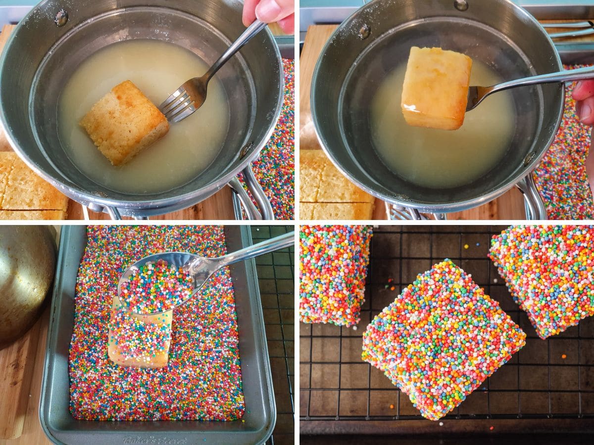 Process shots: dropping cake piece into white chocolate icing and flipping to coat, holding cake up on a fork to drain excess icing, piling sprinkles around dipped cake to coat, putting cake onto cooling rack to set.