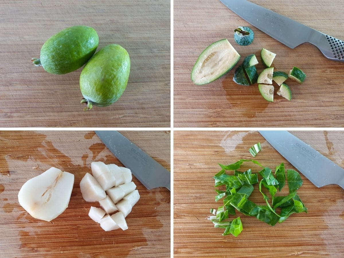 Feijoa Smoothie 4 Process shots: fresh feijoas, slicing feijoas, peeling coring slicing pears, chopping spinach.