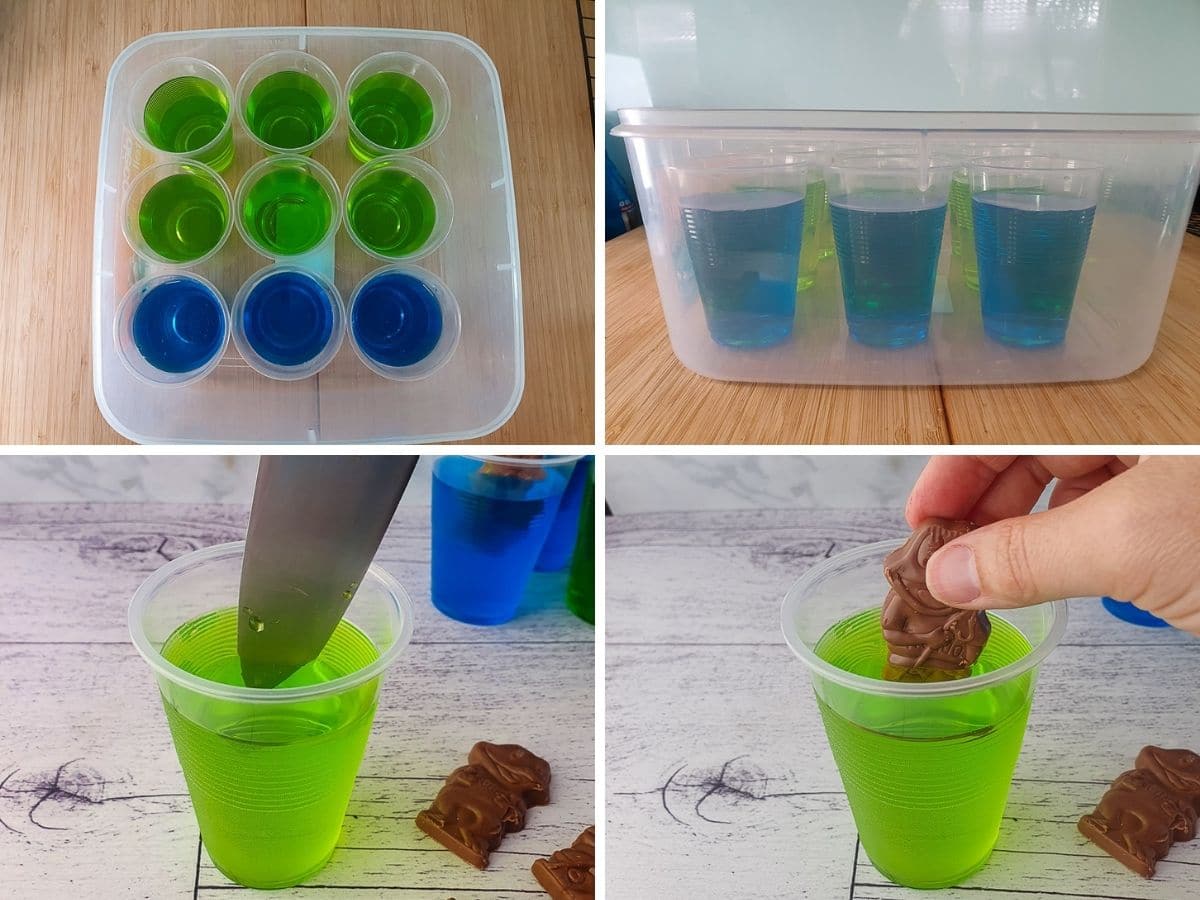 Process shots: putting jelly cups into a covered container to set in the fridge, slitting jelly with a knife, pushing in frogs.