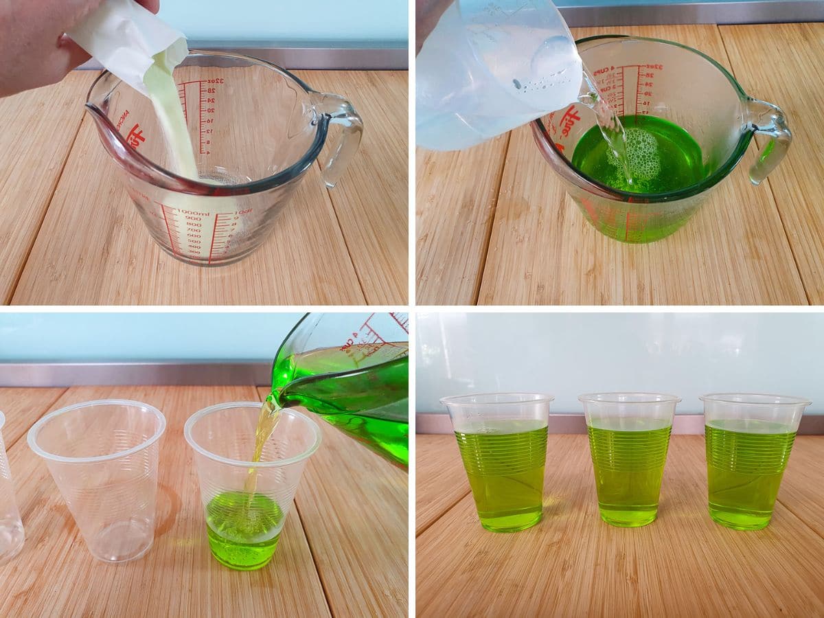 Process shots: adding jelly to jug, adding boiling water, pouring jelly into cups.