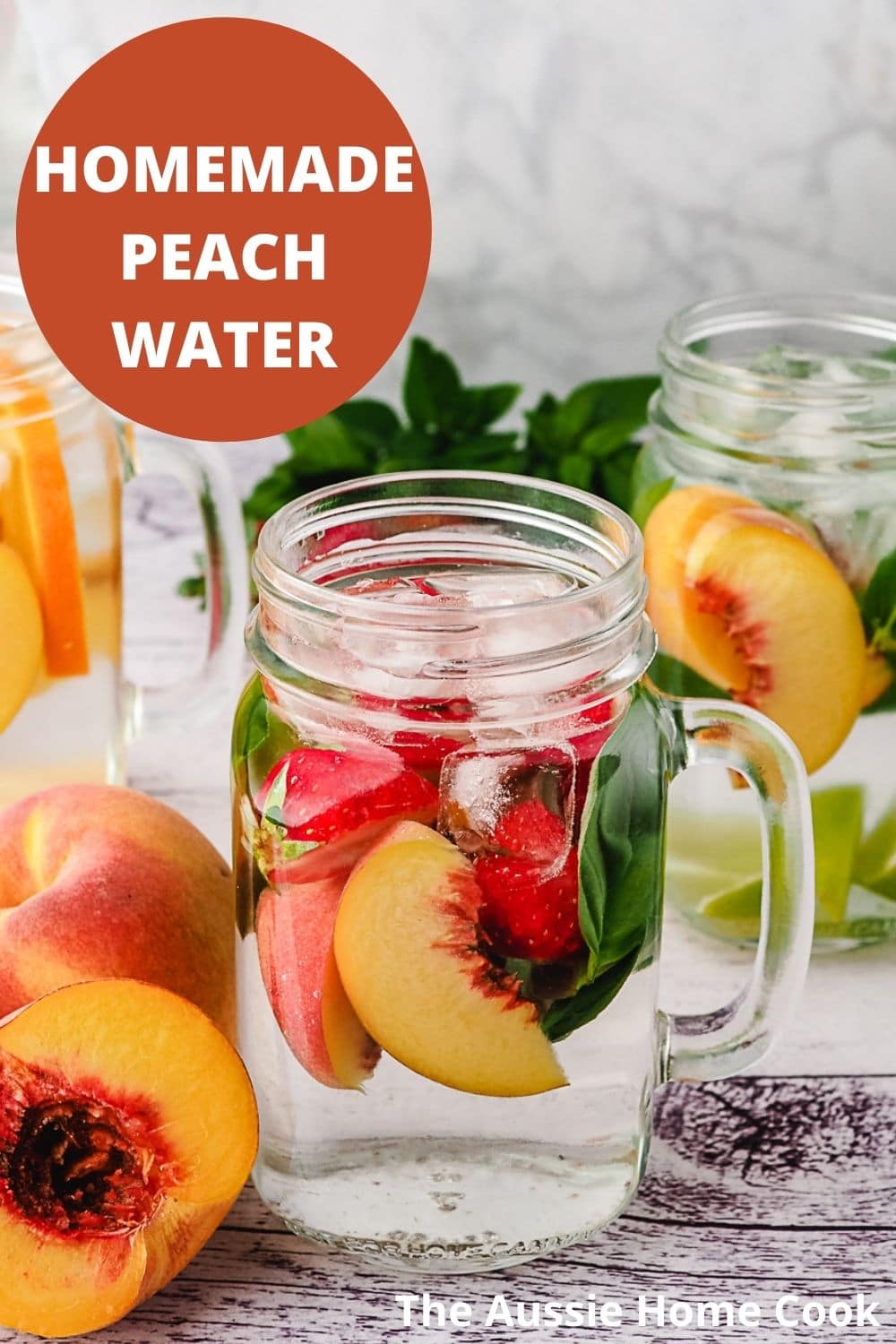 Peach Water 10 Peach infused water with strawberry and basil, with variants with other mix-ins in the background.