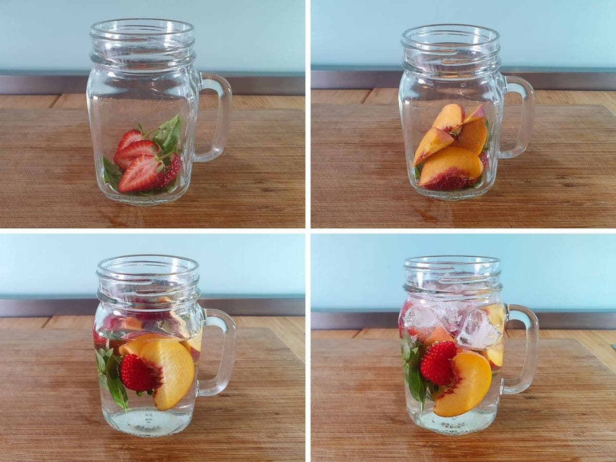 Peach Water 6 Process shots: adding mixins, adding sliced peaches, adding water, topping up with ice once chilled.