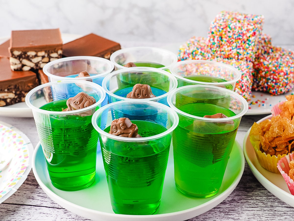 Jelly cup on a party plate with a spoon and party food in the background.
