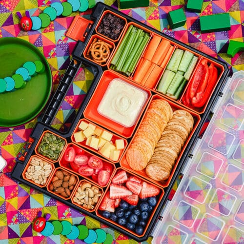 Kids Charcuterie Board 13 Charcuterie board on a picnic blanket with kids toys.
