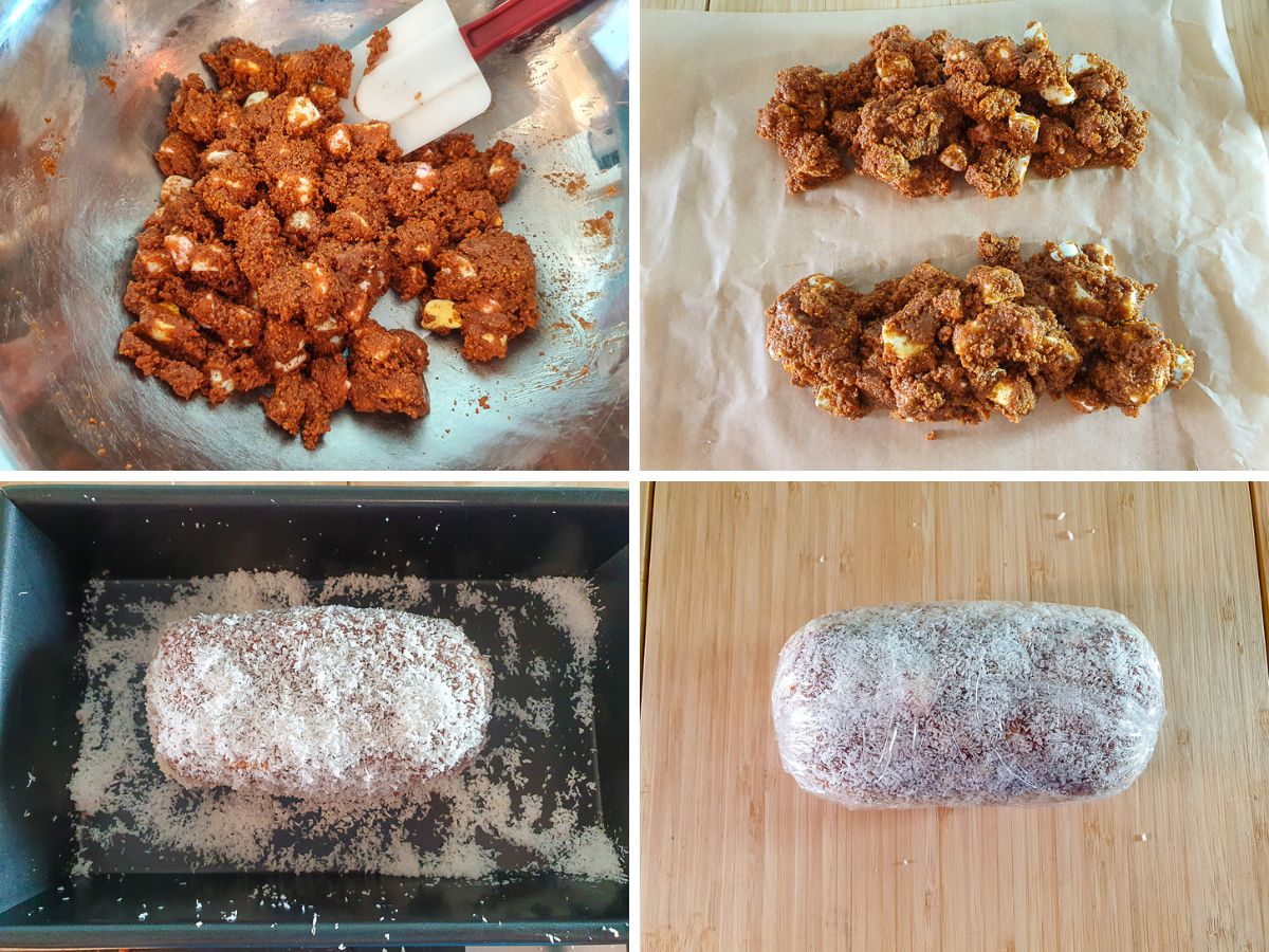 Lolly Cake 6 Process shots: mixing, shaping logs, rolling in coconut, wrapping coated logs in clingfilm.