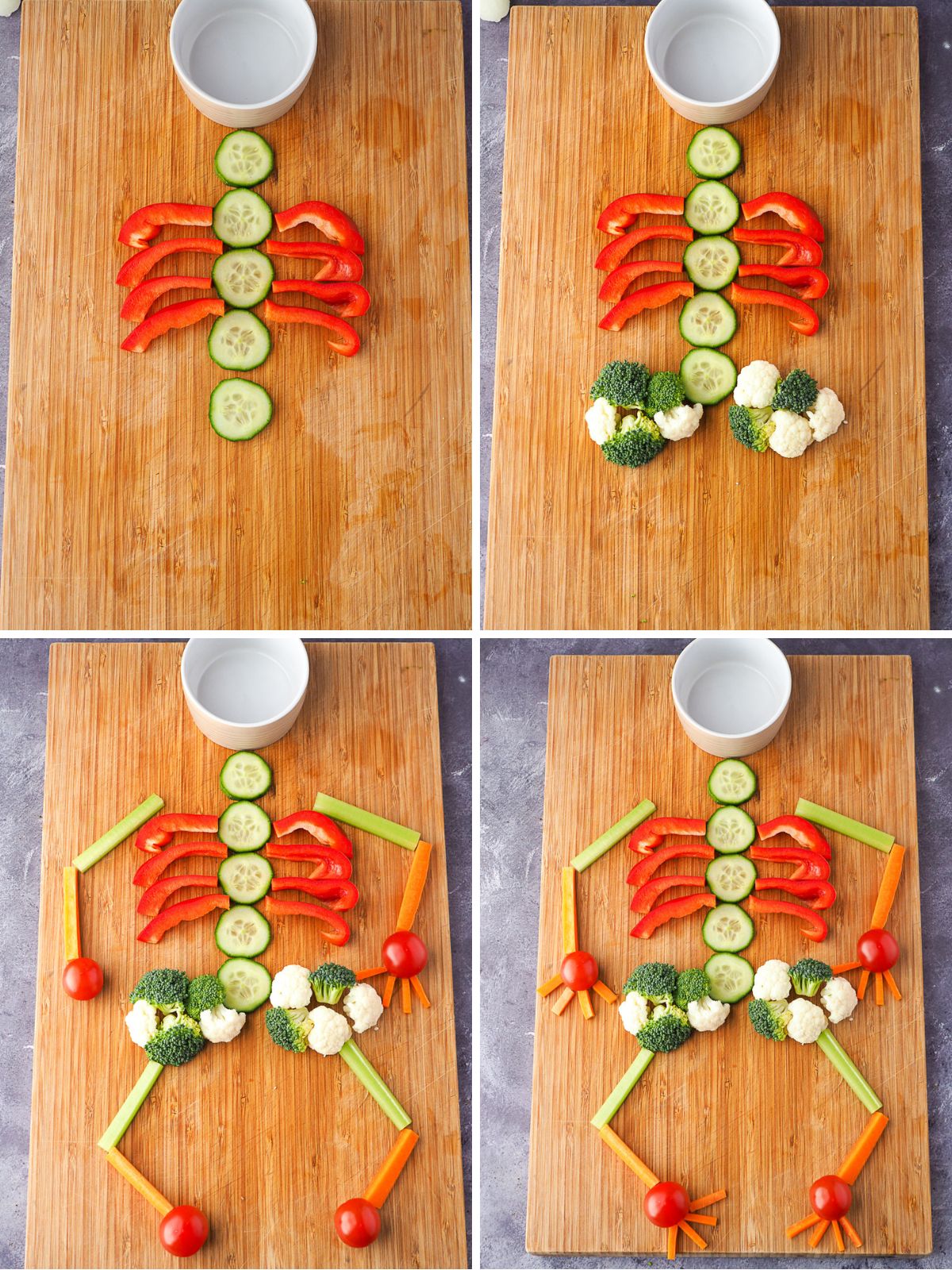 Skeleton Veggie Tray 4 Process shots: adding dip bowl, cucumber spline and capsicum ribs, adding cauliflower and broccoli hips, adding carrot and celery stick limbs and tomato hands and feet, adding carrot fingers and toes.