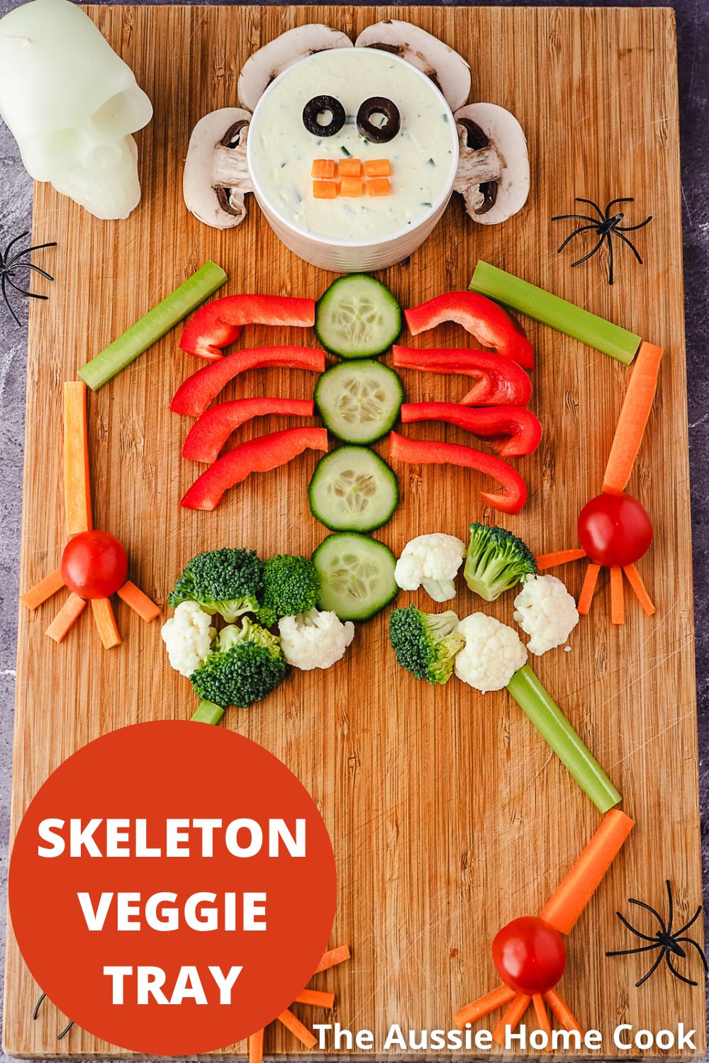 Skeleton Veggie Tray 9 Veggie tray with text overlay, skeleton veggie tray and The Aussie Home Cook.