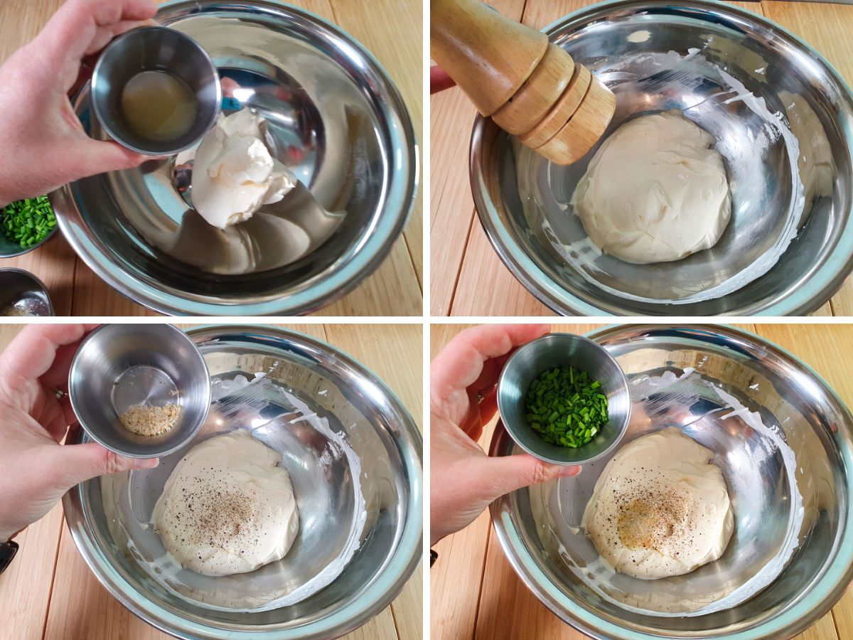Process shots: adding lemon juice, black pepper, garlic salt and fresh gives, then mix.