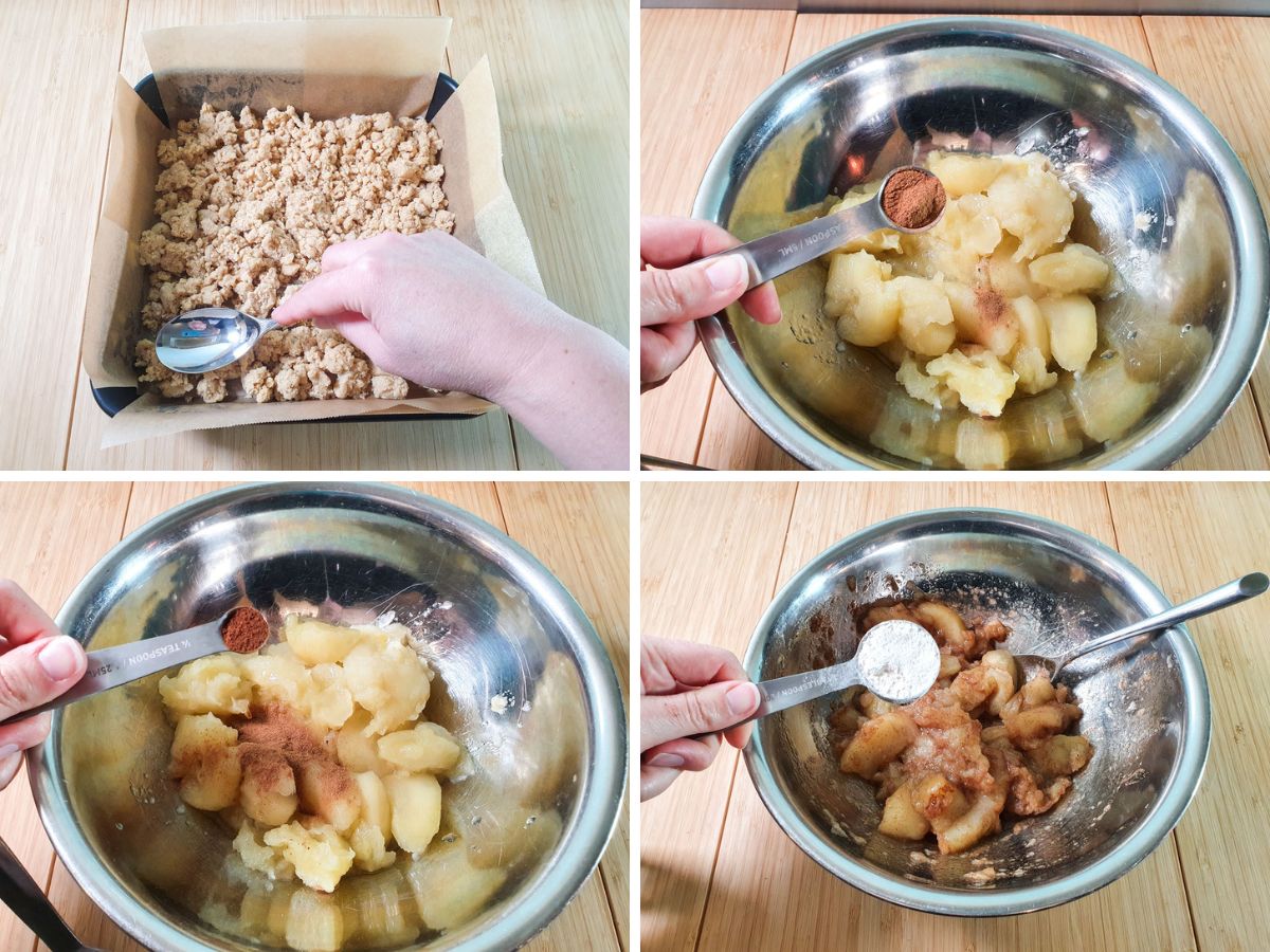 Apple Slice 5 Process shots: pressing biscuit base into lined tin, adding cinnamon, cloves and flour to tinned apples for filling.
