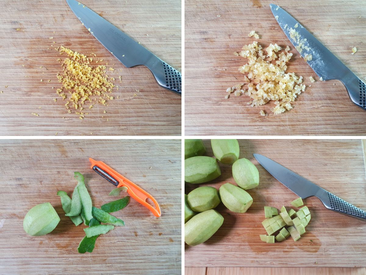Feijoa Jam 3 Process shots: finely chopping lemon zest and candied ginger, peeling and dicing feijoas.
