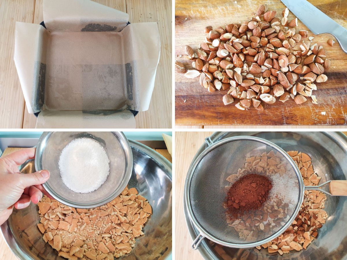 Hedgehog Slice 3 Process shots: lining cake tin, chopping almonds, adding coconut to broken-up biscuits, sifting in cocoa powder.