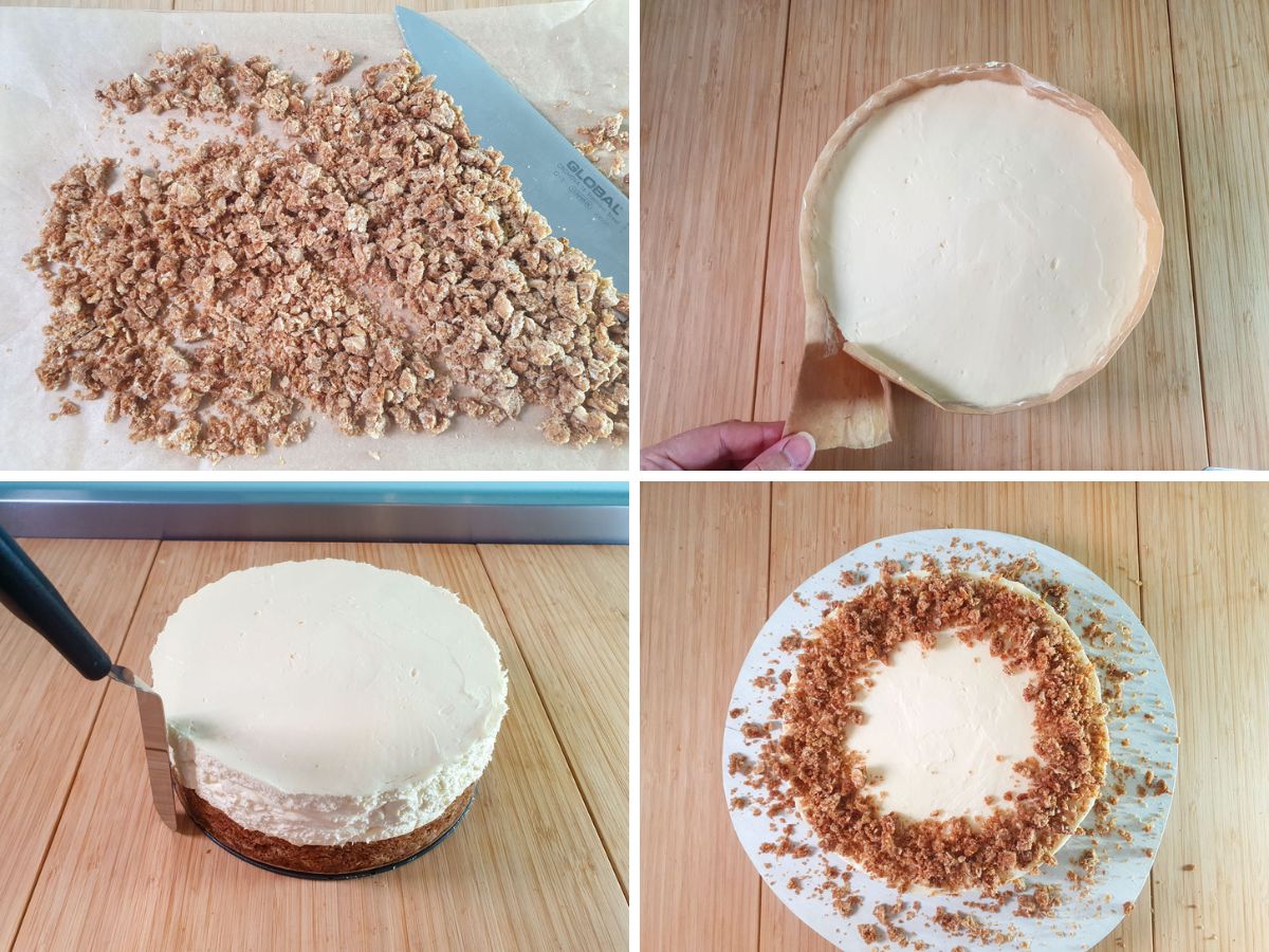 Process shots: chopping crumb for decoration, pealing baking paper off set cheesecake, smoothing edges with a spatula, sprinkling with chopped up crumb.