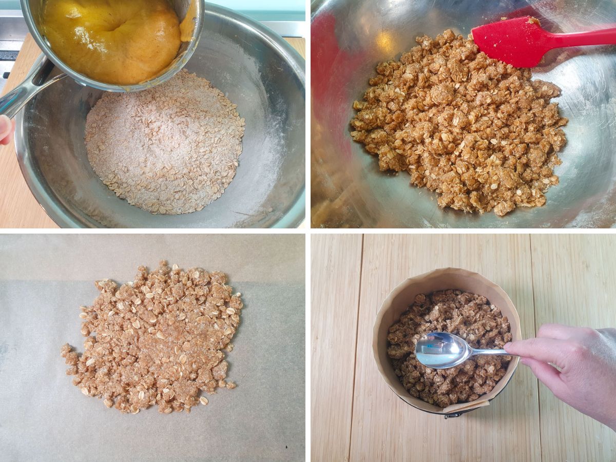 Process shots: adding foaming butter mix to dry ingredients and mixing well, quarter of mix flattened on a baking tray, rest of mix added to lined cheesecake tin.