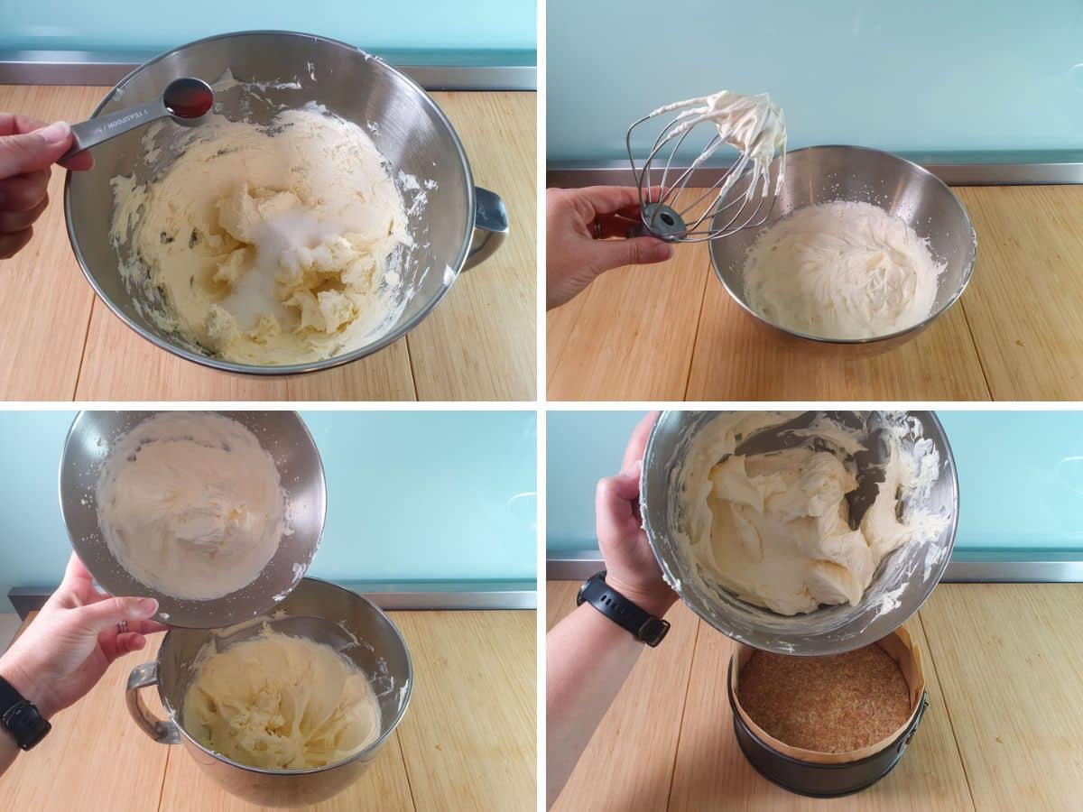 Process shots: adding sugar, vanilla and lemon to softened cream cheese, whipping cream to firm peaks, adding cream to cream cheese mix, adding cheesecake filling to cold Anzac biscuit slice base.