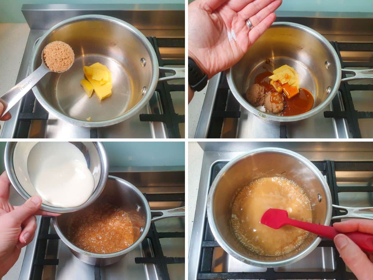 Process shots: adding brown sugar, butter, golden syrup and salt, adding cream, stirring caramel.