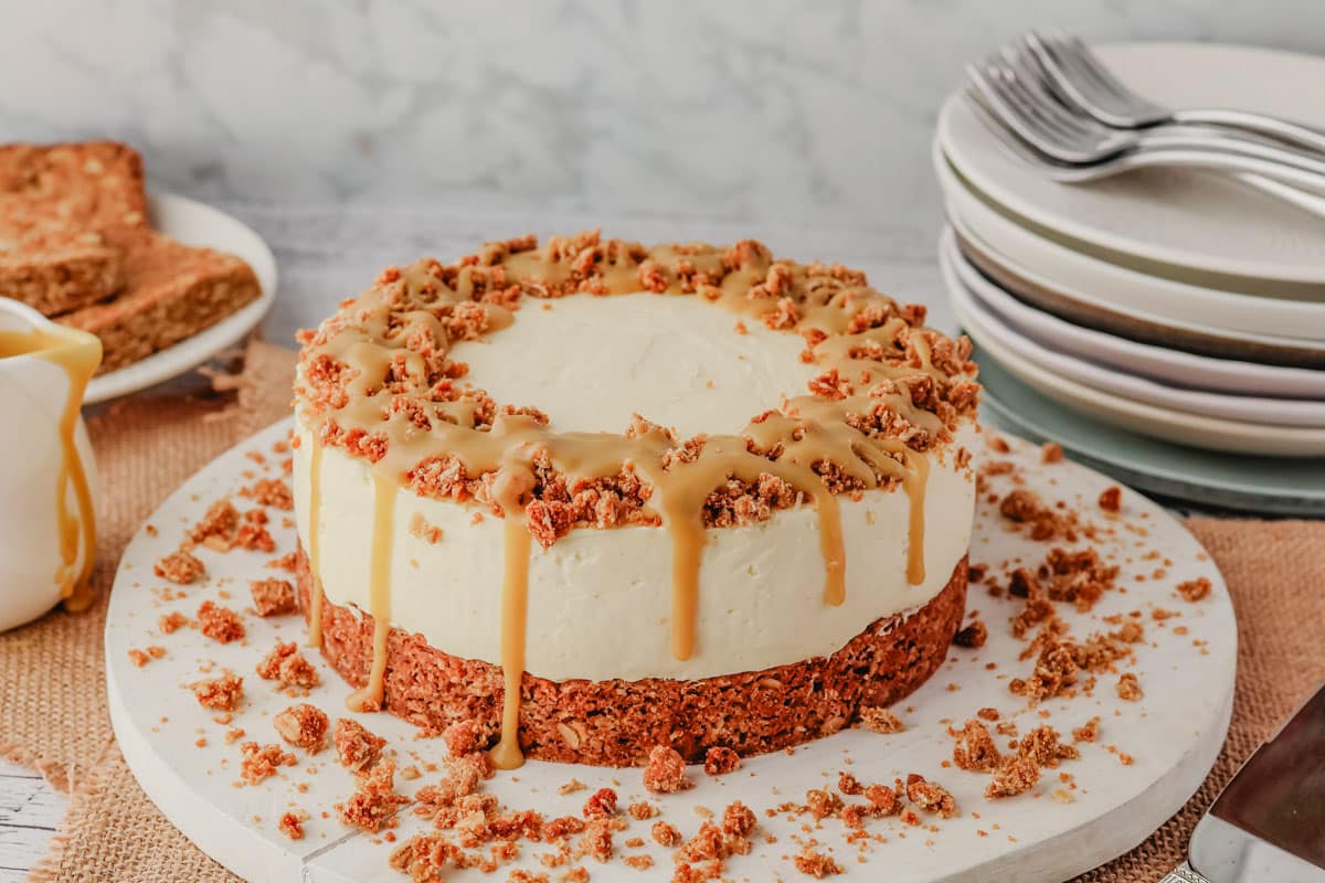 Anzac cheesecake with golden syrup caramel and Anzac slice base.