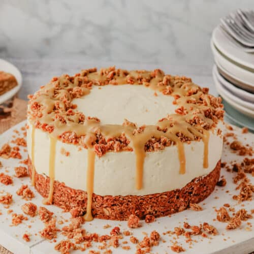 Anzac Cheesecake 25 Close up view of Anzac cheesecake with golden syrup caramel and Anzac slice base.