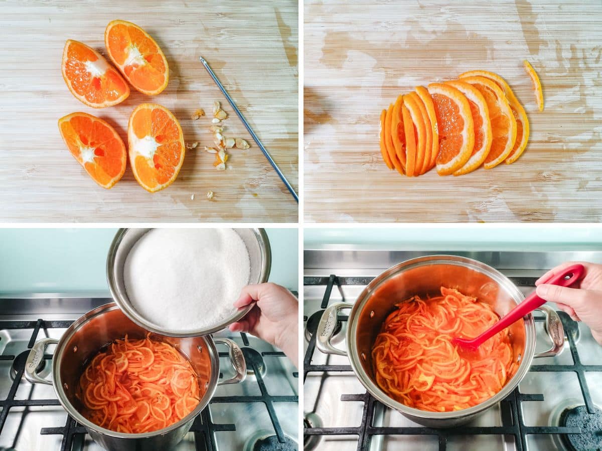 Mandarin Marmalade 3 Process shots: quartering mandarins and removing pips, thinly slicing, adding water and sugar, cooking and stirring.